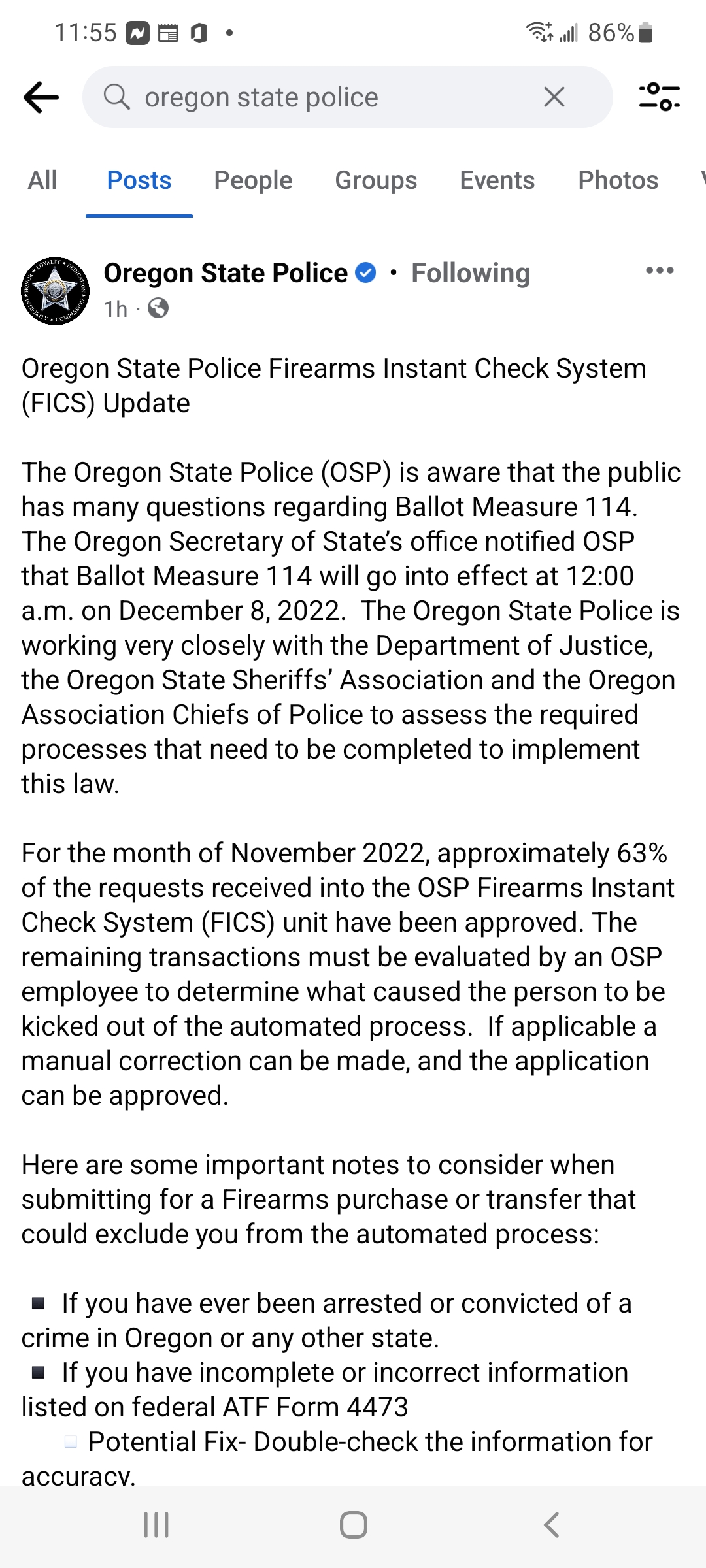 OREGON STATE POLICE FIREARMS INSTANT CHECK SYSTEM (FICS) UPDATE- OREGON